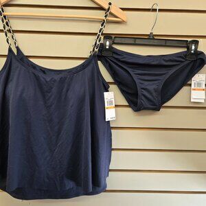 NWTs Michael Kors chain 2 Piece Swimsuit Swim Bathing suit Navy gold Small